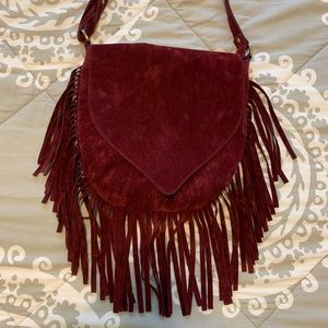 Burgundy fringe shoulder bag